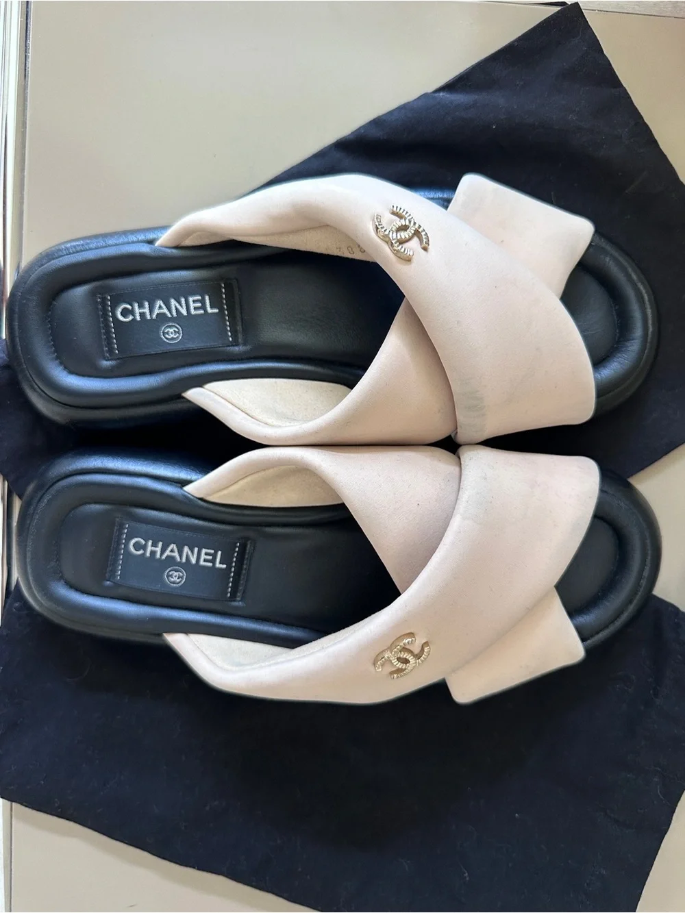 CHANEL Pink Crossband Slide Sandals with Gold CC